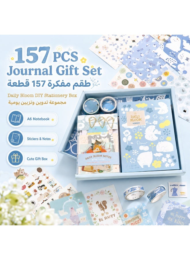 Daily Bloom 157 PCS Blue DIY Journal Gift Set, A6 Grid Notebook Scrapbook Stationery Kit with Stickers, Memo Notes, Decorative Papers, Washi Tape, Clips & Tags, Cute Blue Notebook Gift Box for Journaling, Planning, Scrapbooking and Students - Image 1