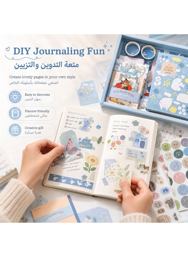 Daily Bloom 157 PCS Blue DIY Journal Gift Set, A6 Grid Notebook Scrapbook Stationery Kit with Stickers, Memo Notes, Decorative Papers, Washi Tape, Clips & Tags, Cute Blue Notebook Gift Box for Journaling, Planning, Scrapbooking and Students - Image 3