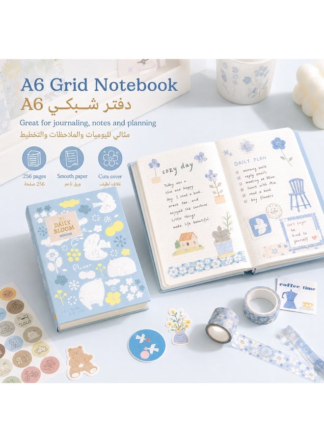 Daily Bloom 157 PCS Blue DIY Journal Gift Set, A6 Grid Notebook Scrapbook Stationery Kit with Stickers, Memo Notes, Decorative Papers, Washi Tape, Clips & Tags, Cute Blue Notebook Gift Box for Journaling, Planning, Scrapbooking and Students - Image 5