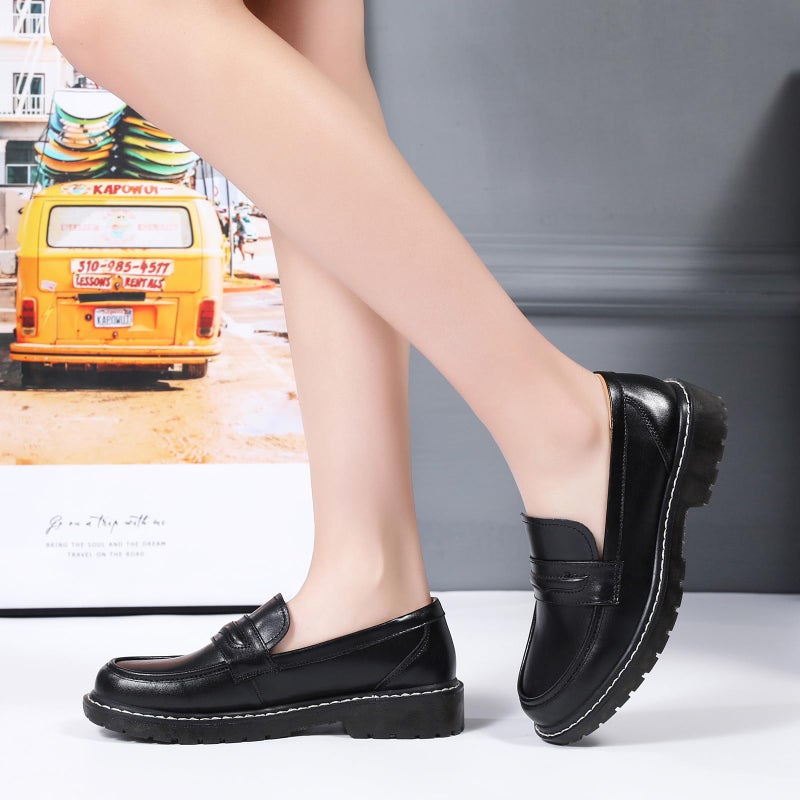 XMM Black Loafers for Women Chunky Loafer Shoes Penny Loafers Flats Lug Sole Lightweight Slip On Ladies Shoes Business Casual Dressy Comfortable Office Shoes US 9 - Image 2