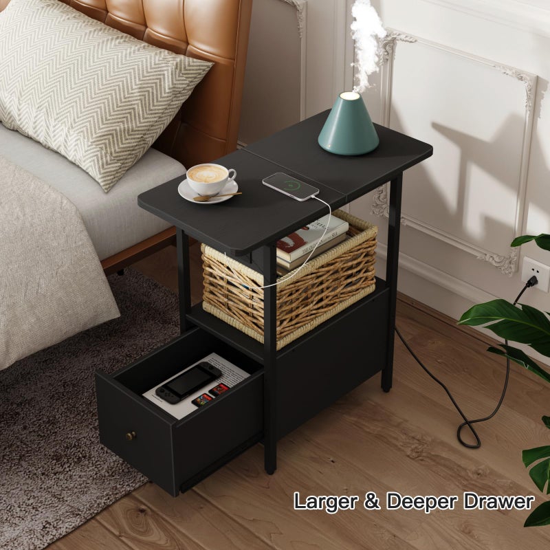 LIDYUK End Table with Charging Station, Narrow Side Table with Drawer and USB Ports & Power Outlets, Nightstand Bedside Tables for Small Spaces, Bedroom, Living Room, Black - Image 2