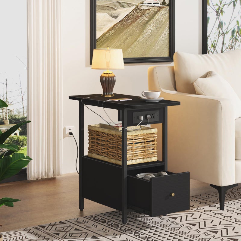 LIDYUK End Table with Charging Station, Narrow Side Table with Drawer and USB Ports & Power Outlets, Nightstand Bedside Tables for Small Spaces, Bedroom, Living Room, Black - Image 3