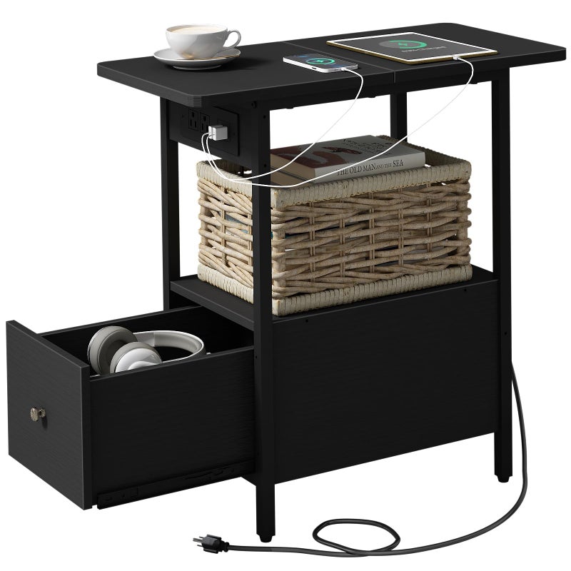 LIDYUK End Table with Charging Station, Narrow Side Table with Drawer and USB Ports & Power Outlets, Nightstand Bedside Tables for Small Spaces, Bedroom, Living Room, Black - Image 1