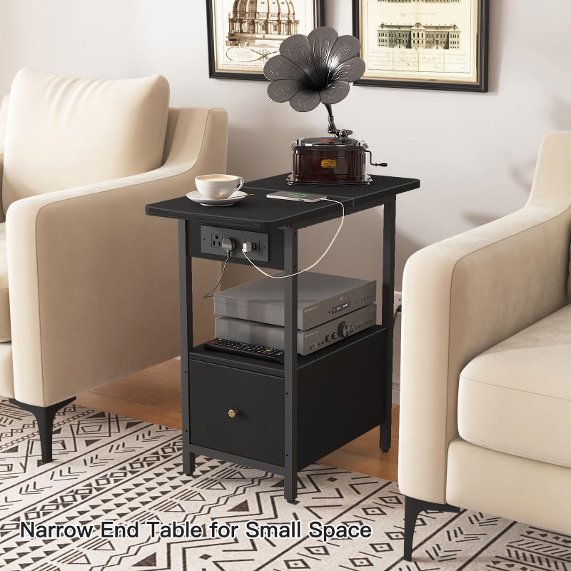 LIDYUK End Table with Charging Station, Narrow Side Table with Drawer and USB Ports & Power Outlets, Nightstand Bedside Tables for Small Spaces, Bedroom, Living Room, Black - Image 5