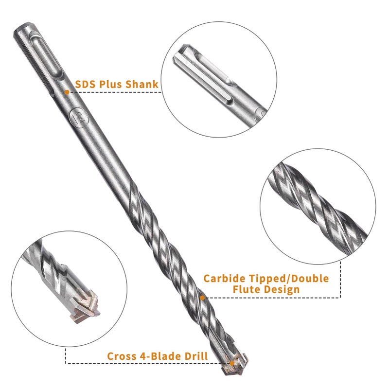 HPMAISON SDS-Plus Rotary Hammer Drill Bit Set, 9PCS Cross Drill Bits Hammer Impact Drill Bit for Drilling Stone, Concrete, Brick Wall, Ceramic Tile, Metal & Plastic 5 6 6 8 8 10 12 14 16mm - Image 2