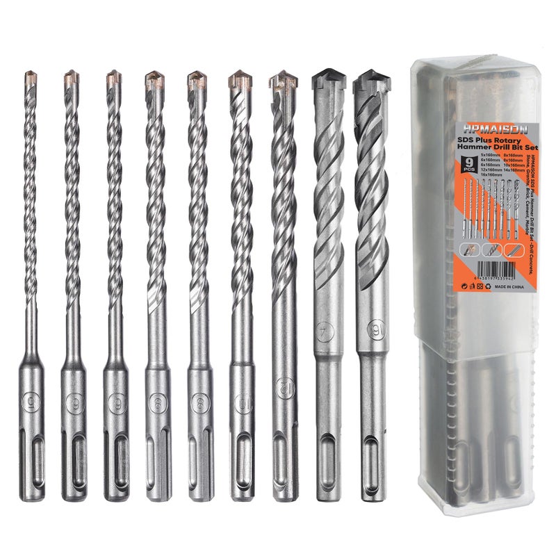 HPMAISON SDS-Plus Rotary Hammer Drill Bit Set, 9PCS Cross Drill Bits Hammer Impact Drill Bit for Drilling Stone, Concrete, Brick Wall, Ceramic Tile, Metal & Plastic 5 6 6 8 8 10 12 14 16mm - Image 1