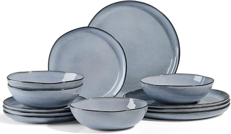 Herogo Plates and Bowls Dinnerware Sets 12 Piece Stoneware Dinner Dishes Set for 4 Irregular Handmade Dishware Tableware Crack and Scratch Resistant Reactive Glaze Smoky Blue - Image 1