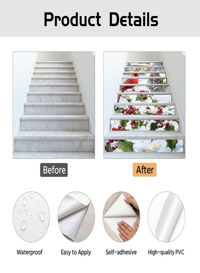 PLIGREAT 15 Strips Christmas Stair Decals, Peel and Stick Bird Xmas Tree Stair Riser Stickers for Steps 7.1"x39"Self-Adhesive Vinyl Retro Farmhouse Staircase Murals Decor for Home Hotel - Image 5