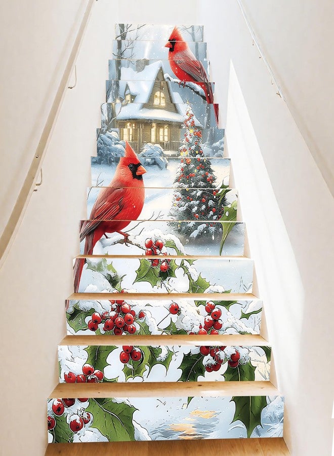 PLIGREAT 15 Strips Christmas Stair Decals, Peel and Stick Bird Xmas Tree Stair Riser Stickers for Steps 7.1"x39"Self-Adhesive Vinyl Retro Farmhouse Staircase Murals Decor for Home Hotel - Image 1