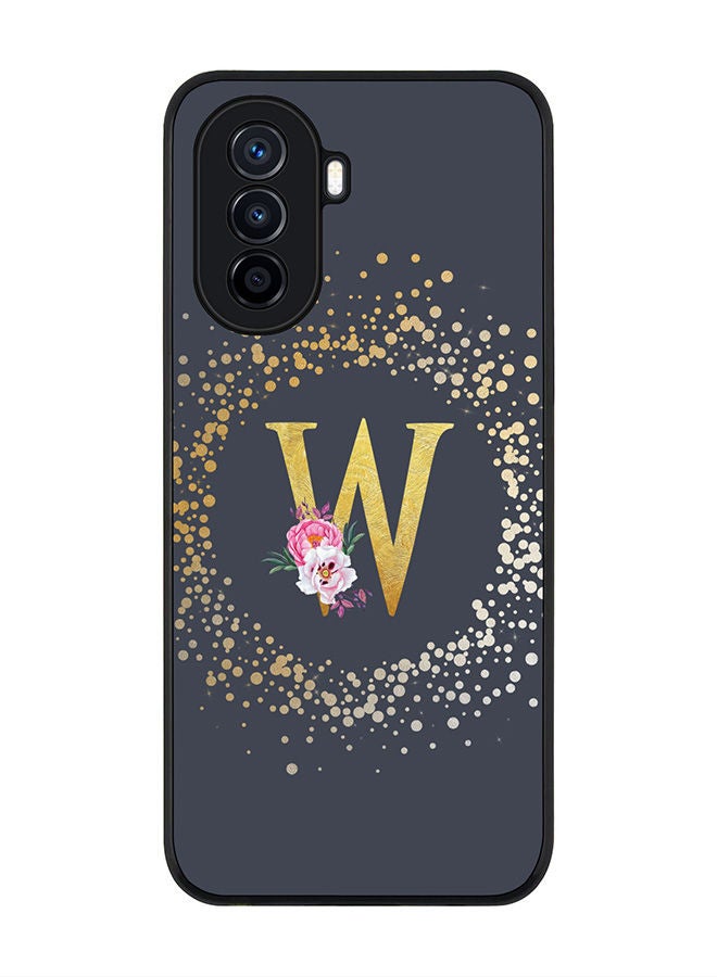 Stylizedd Rugged Black edge case for Huawei Nova Y70  Slim fit Soft Case Flexible Rubber Edges Anti Drop TPU Gel Thin Cover - Custom Monogram Initial Letter Floral Pattern Alphabet - W (Grey ) - Image 1