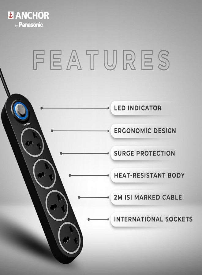 Anchor by Panasonic 4 Universal Socket Extension Board, 6A Spike Guard with 2-Meter Heavy Duty Cord for Home and Office Usage, 4 Way Power Strip with LED Indicator, Matt Finish - Image 4