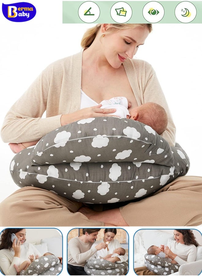 Berma Baby وسادة الرضاعة، وسادة التغذية، وسادة التعلم، وسادة الرضاعة الأصلية بمقاس كبير، توفر المزيد من الدعم للأم والطفل، مع حزام قابل للتعديل وغطاء وسادة قطني قابل للإزالة، رمادي  - Image 1