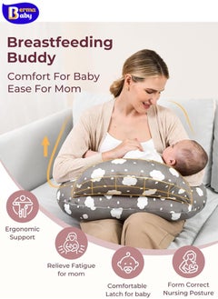 Berma Baby وسادة الرضاعة، وسادة التغذية، وسادة التعلم، وسادة الرضاعة الأصلية بمقاس كبير، توفر المزيد من الدعم للأم والطفل، مع حزام قابل للتعديل وغطاء وسادة قطني قابل للإزالة، رمادي  - Image 3