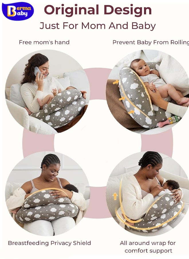 Berma Baby وسادة الرضاعة، وسادة التغذية، وسادة التعلم، وسادة الرضاعة الأصلية بمقاس كبير، توفر المزيد من الدعم للأم والطفل، مع حزام قابل للتعديل وغطاء وسادة قطني قابل للإزالة، رمادي  - Image 4