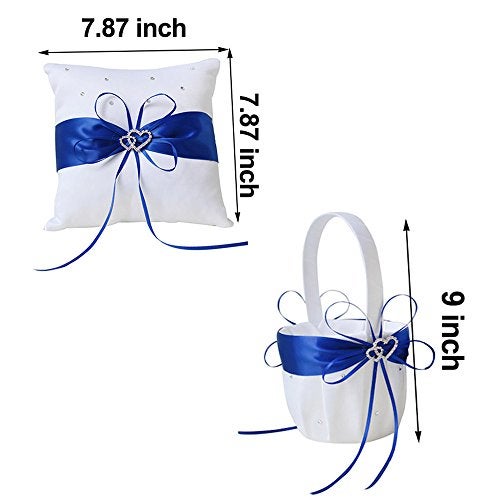 Amajoy 2pcs Wedding Set White Satin and Royal Blue Flower Girl Basket and Ring Pillow Set with Double Heart Rhinestone Decor - Image 2