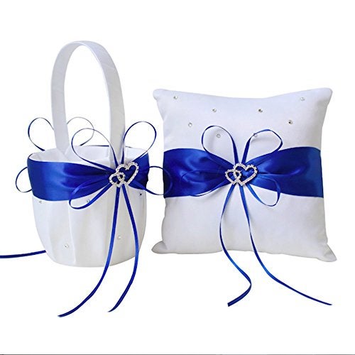 Amajoy 2pcs Wedding Set White Satin and Royal Blue Flower Girl Basket and Ring Pillow Set with Double Heart Rhinestone Decor - Image 1