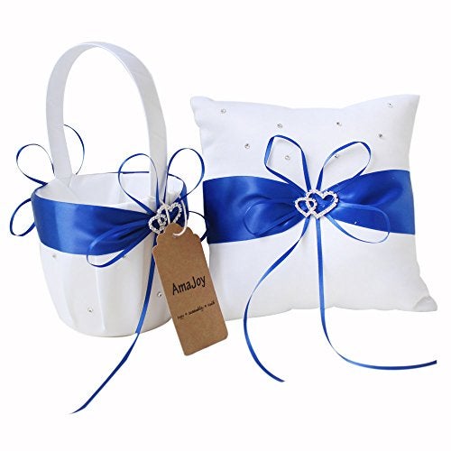 Amajoy 2pcs Wedding Set White Satin and Royal Blue Flower Girl Basket and Ring Pillow Set with Double Heart Rhinestone Decor - Image 3