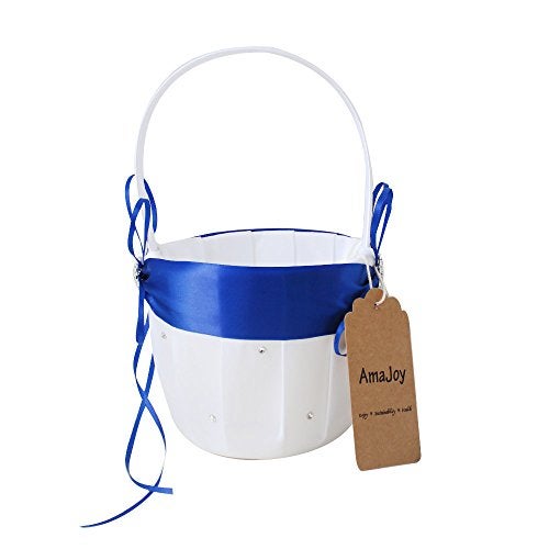 Amajoy 2pcs Wedding Set White Satin and Royal Blue Flower Girl Basket and Ring Pillow Set with Double Heart Rhinestone Decor - Image 4