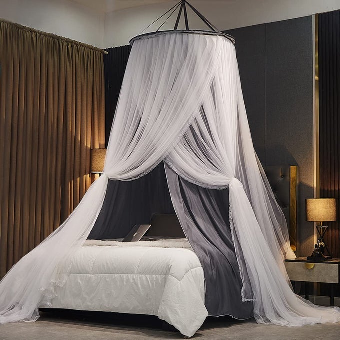 LUXURIOUS BED CANOPY FOR GIRLS ADULTS DOUBLE LAYER PRINCESS CANOPY WITH LACE ROUND DOME MOSQUITO NETTING FOR QUEENKING BED TENT NEW GRAY