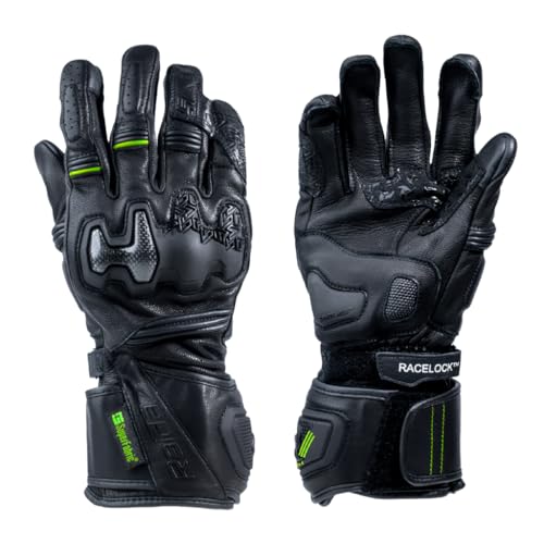 Raida Drift Evo Motorcycle Gloves | Full Leather | Carbon Fibre Knuckle | Superfabric Protection | Dual Velcro RaceFitLock |Track Inspired Riding Gloves (Hiviz, S) - Image 1