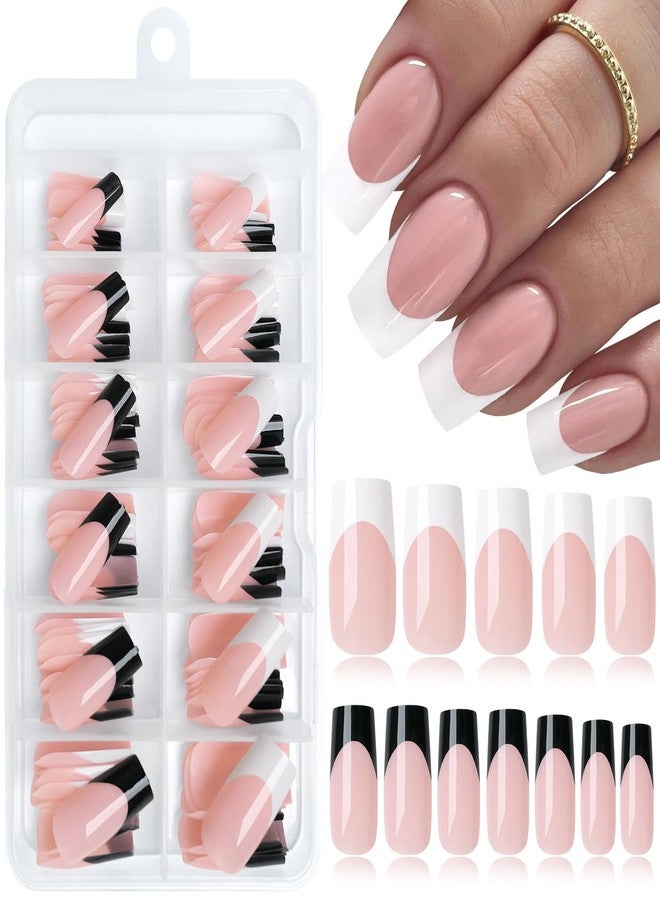 LuckForever 120pc French Tips Press on Nails - Medium Square, Black & White Tips, Full Cover Glue on Nails - Image 1