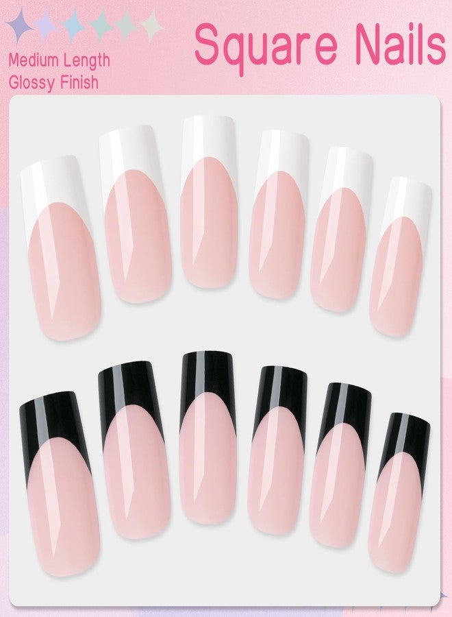 LuckForever 120pc French Tips Press on Nails - Medium Square, Black & White Tips, Full Cover Glue on Nails - Image 4