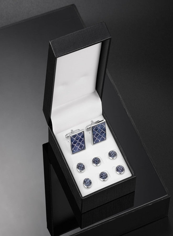 UJOY Cufflinks and Tuxedo Studs Set Navy Blue Fashion Accessories for Men in Gift Box - Image 4