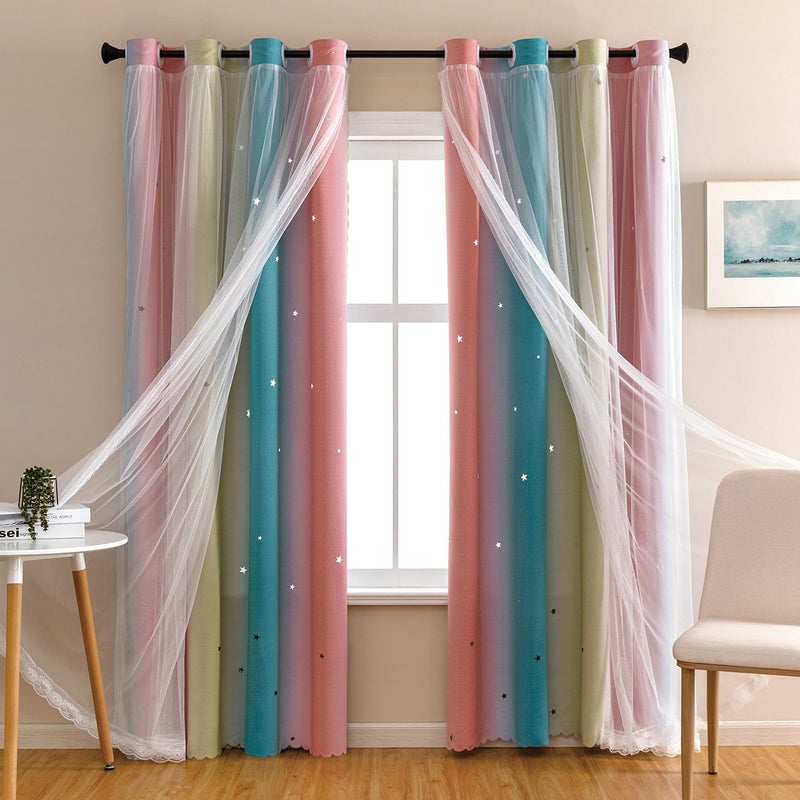 XiDi Dream Star Blackout Curtains for Kids Rooms Girl Princess Curtain for Daughter Bedroom Window Pink Blue W52 X L84