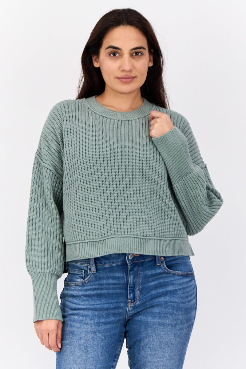 Pink Rose Women Ribbed Collar Knitted Sweater, Sage Green - Image 1