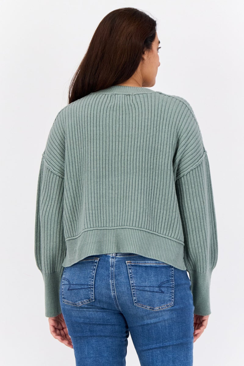 Pink Rose Women Ribbed Collar Knitted Sweater, Sage Green - Image 3