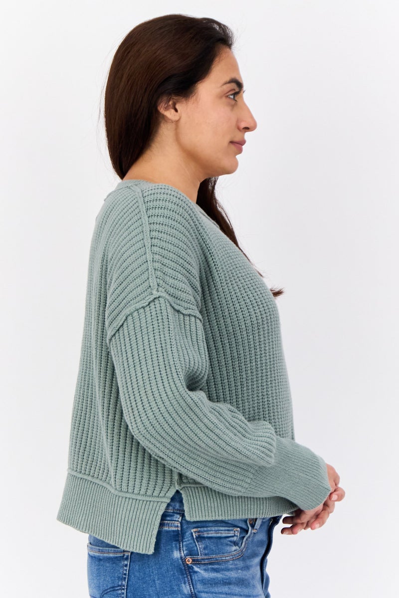 Pink Rose Women Ribbed Collar Knitted Sweater, Sage Green - Image 2