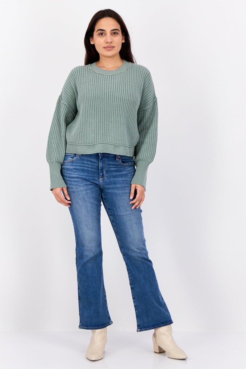 Pink Rose Women Ribbed Collar Knitted Sweater, Sage Green - Image 4