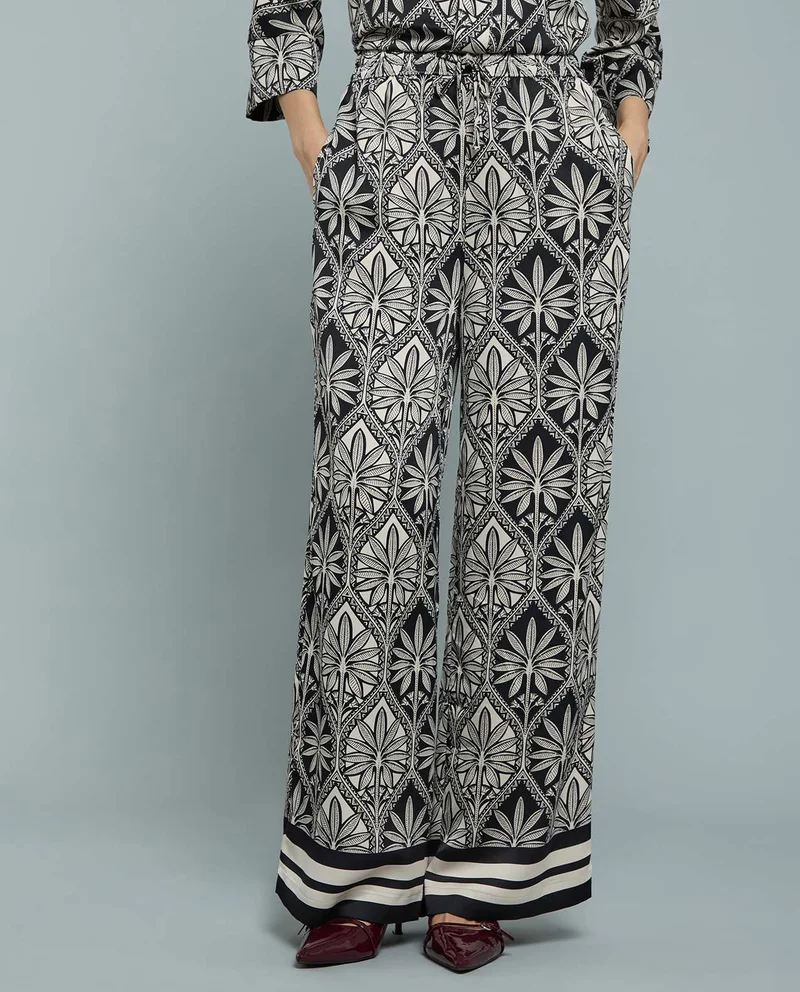 R&B Patterned Satin Wide Leg Pants with Drawstring Waist