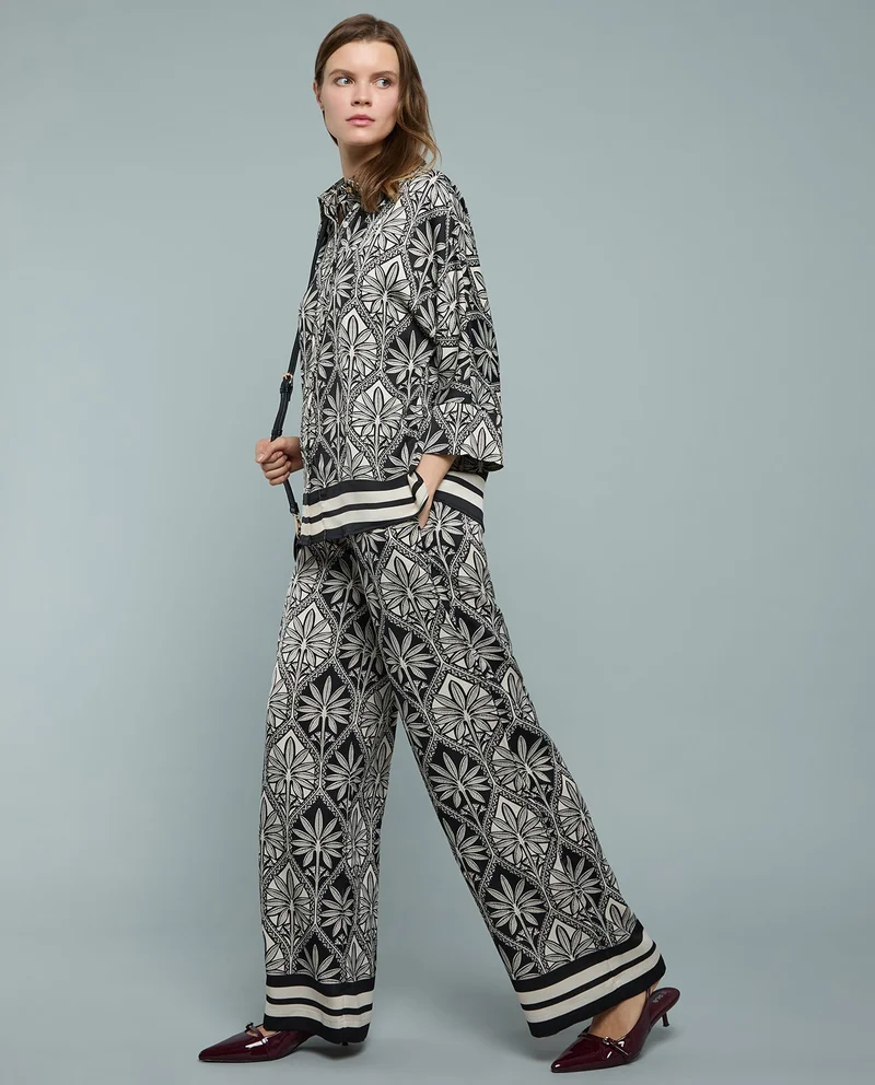 R&B Patterned Satin Wide Leg Pants with Drawstring Waist