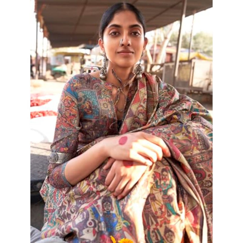 SAREE MALL Women's Banarasi Silk Madhubani Printed Saree With Unstitched Blouse PUSHPMNDI101 - Image 3