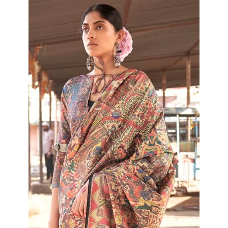SAREE MALL Women's Banarasi Silk Madhubani Printed Saree With Unstitched Blouse PUSHPMNDI101 - Image 4