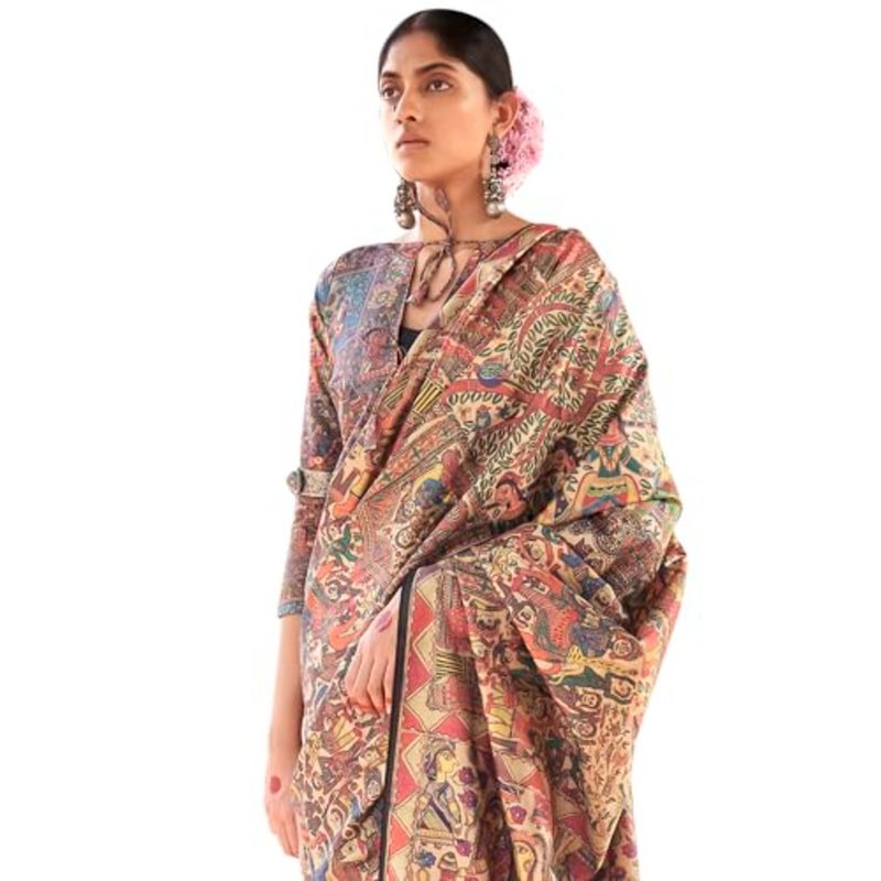 SAREE MALL Women's Banarasi Silk Madhubani Printed Saree With Unstitched Blouse PUSHPMNDI101 - Image 1