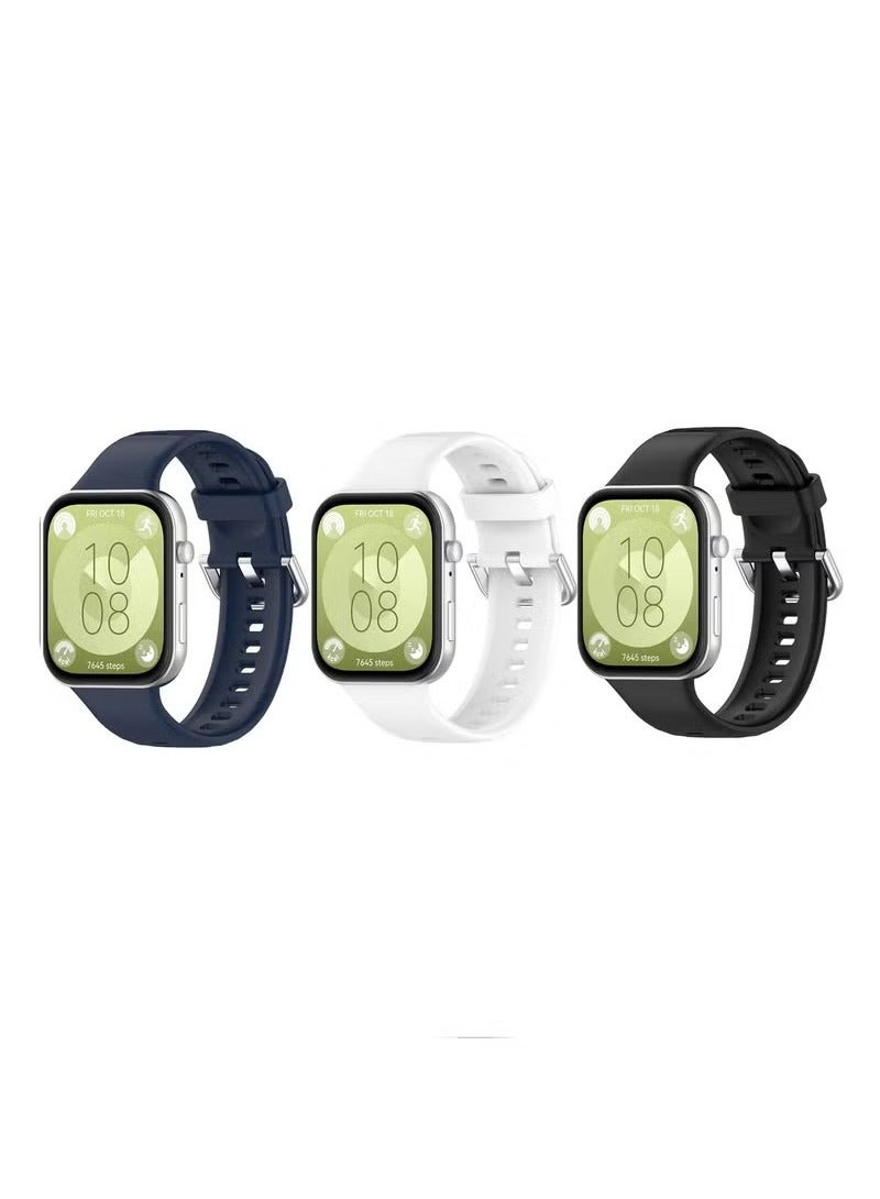 3 PCS Strap for HUAWEI Watch Fit 3, Silicone Watchband Replacement Bracelet Black, White and Blue  - Image 1