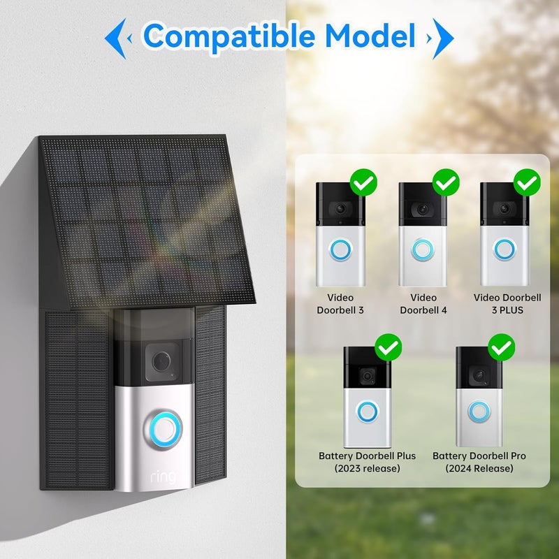 Aaeytby 4W Solar Charger Compatible with Ring Battery Doorbell (USB-C Port) Waterproof Continuously Ring Doorbell Solar Panel - Black - Image 2