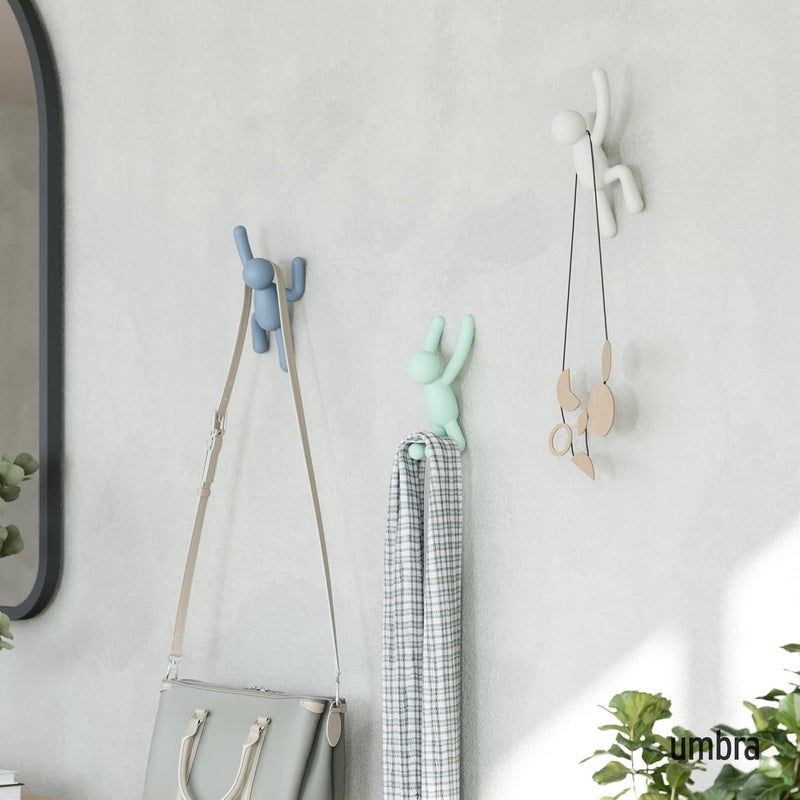 UMBRA Buddy Wall Hooks – Decorative Wall Mounted Coat Hooks for Hanging Coats, Scarves, Bags, Purses, Backpacks, Towels and More, Set of 3, White/Grey/Mint - Image 2