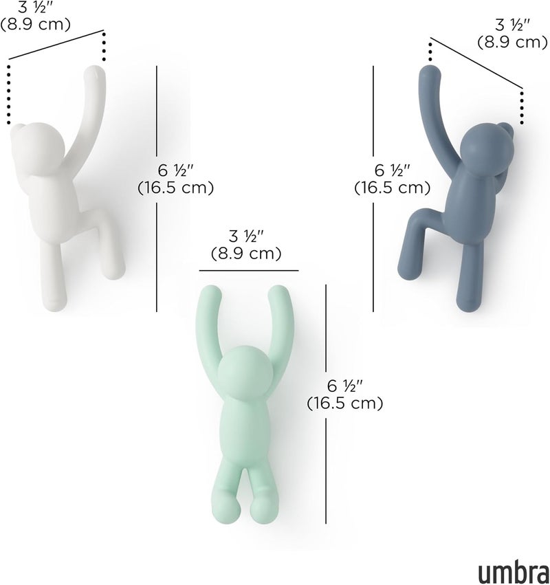 UMBRA Buddy Wall Hooks – Decorative Wall Mounted Coat Hooks for Hanging Coats, Scarves, Bags, Purses, Backpacks, Towels and More, Set of 3, White/Grey/Mint - Image 3