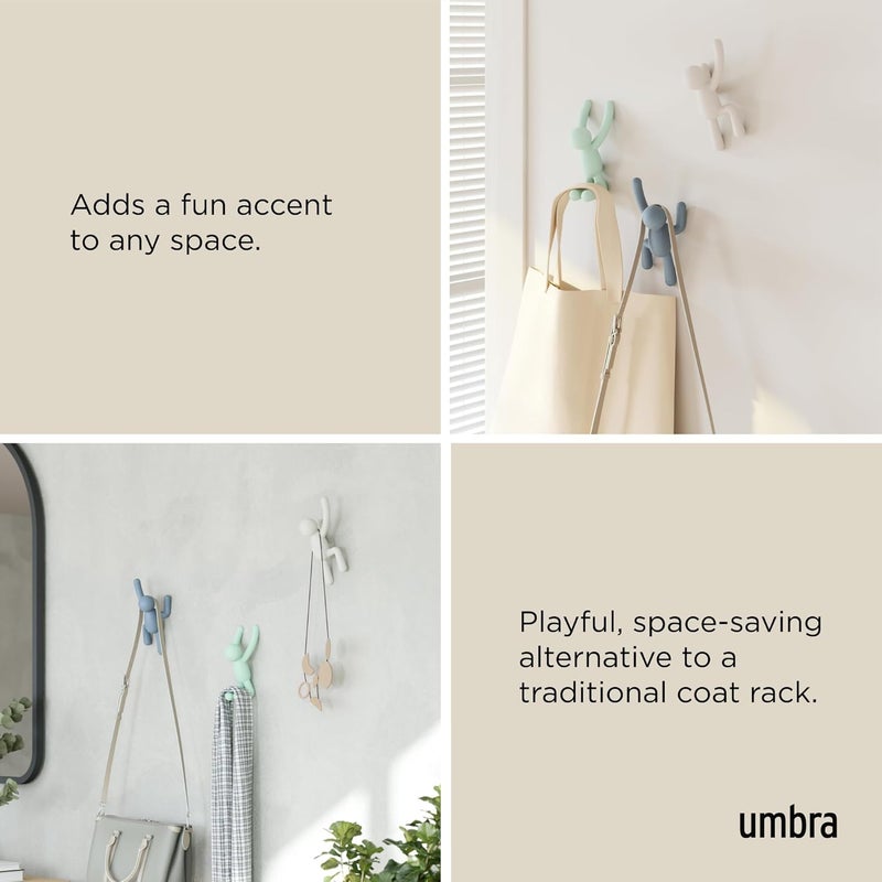 UMBRA Buddy Wall Hooks – Decorative Wall Mounted Coat Hooks for Hanging Coats, Scarves, Bags, Purses, Backpacks, Towels and More, Set of 3, White/Grey/Mint - Image 4