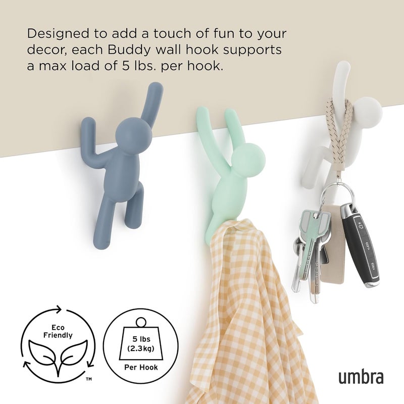 UMBRA Buddy Wall Hooks – Decorative Wall Mounted Coat Hooks for Hanging Coats, Scarves, Bags, Purses, Backpacks, Towels and More, Set of 3, White/Grey/Mint - Image 5