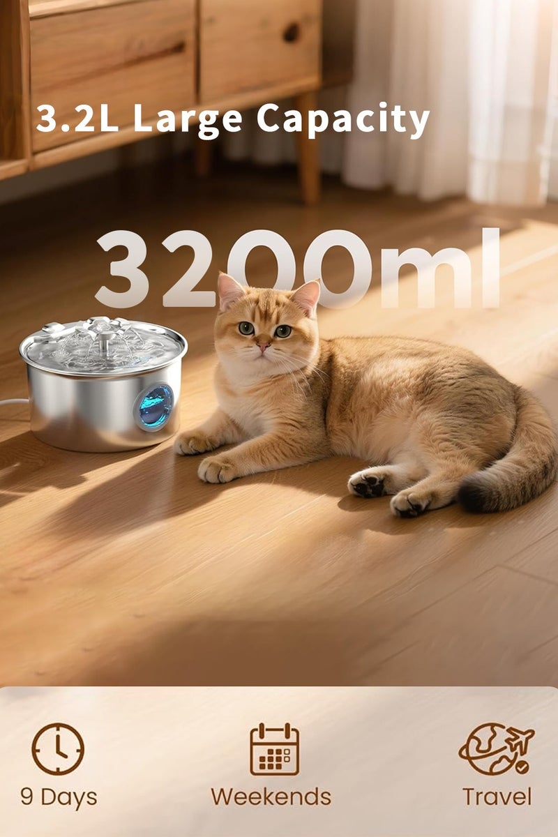 ليوكور نافورة المياه القط، نافورة الحيوانات الأليفة الفولاذ المقاوم للصدأ التلقائي الهادئ جدا، زهرة كيتي نافذة ومستوى المياه، للقطط والكلاب، الحيوانات الأليفة المتعددة في الأماكن الداخلية (3.2L) - Image 2