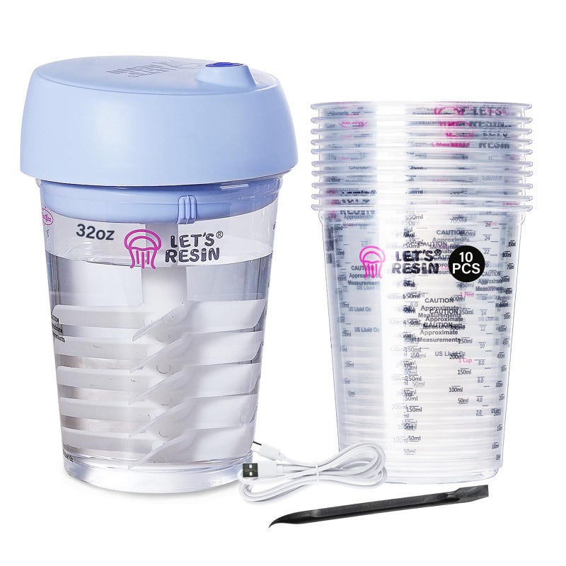 LET'S RESIN خلاط راتنج أوتوماتيكي، خلاط إيبوكسي سهل التنظيف بدون استخدام اليدين، محرك كهربائي لخلط 24 أونصة سائلة، مستلزمات راتنج لصب الراتنج، قوالب، صناعة الصابون (10 قطع أكواب خلط سعة 32 أونصة) أزرق - Image 1