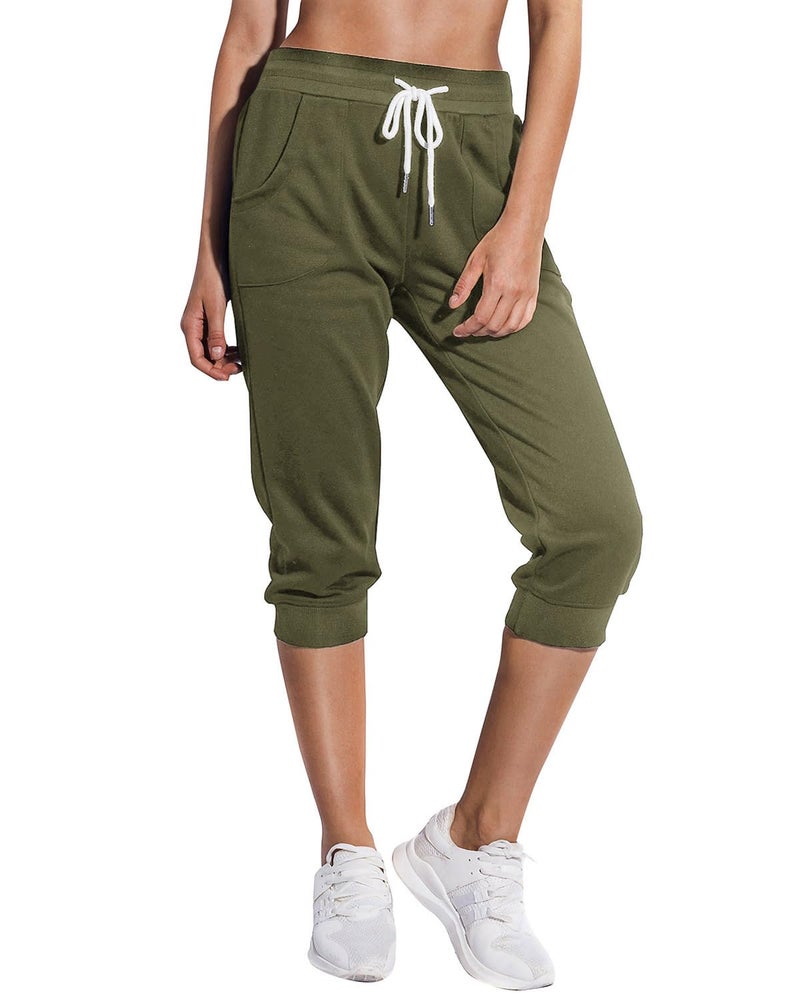 SPECIALMAGIC Women's Sweatpants Capri Pants Cropped Jogger Running Pants Lounge Loose Fit Drawstring Waist with Side Pockets (Army Green, Medium) - Image 1