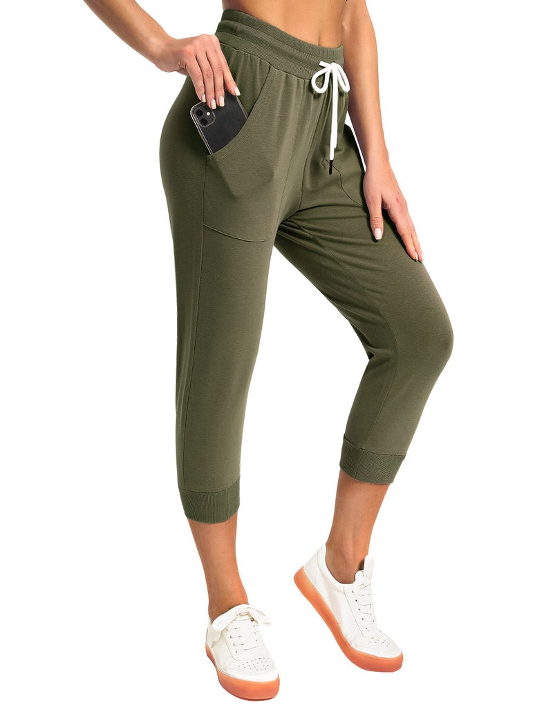 SPECIALMAGIC Women's Sweatpants Capri Pants Cropped Jogger Running Pants Lounge Loose Fit Drawstring Waist with Side Pockets (Army Green, Medium) - Image 2