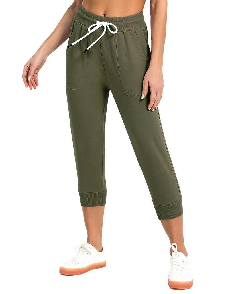 SPECIALMAGIC Women's Sweatpants Capri Pants Cropped Jogger Running Pants Lounge Loose Fit Drawstring Waist with Side Pockets (Army Green, Medium) - Image 4