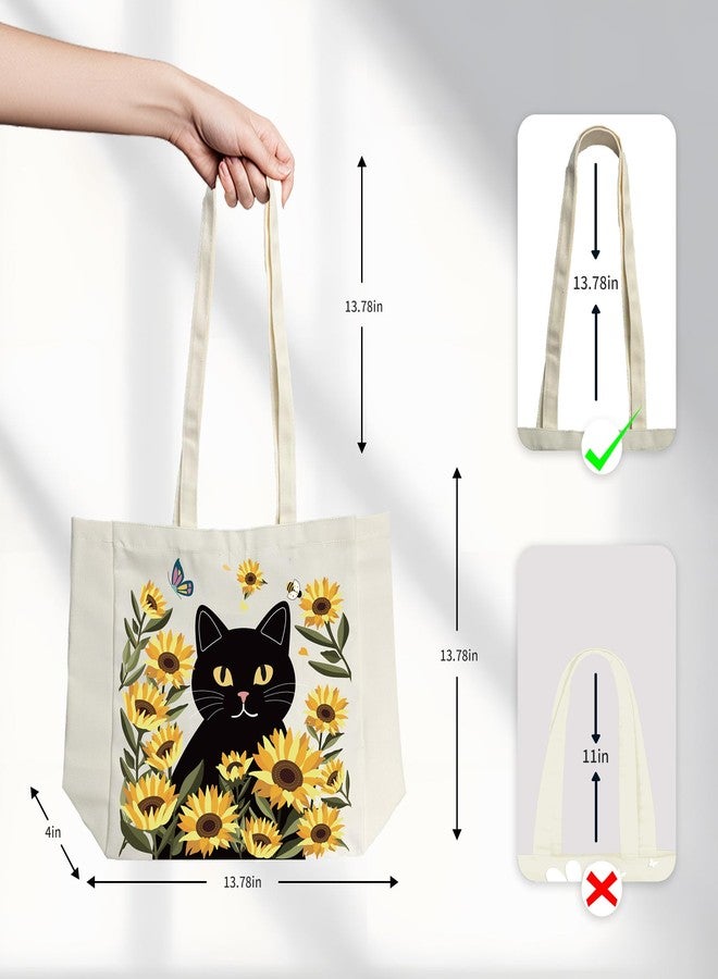 SUNWISHA Aesthetic Canvas Tote Bag for Women - with Zipper Pocket, Anti-Loss Design, Sturdy Shoulder Bag for Lady, Casual Vacation, Shopping, Work, Gym Black Cat, Sunflower - Image 2