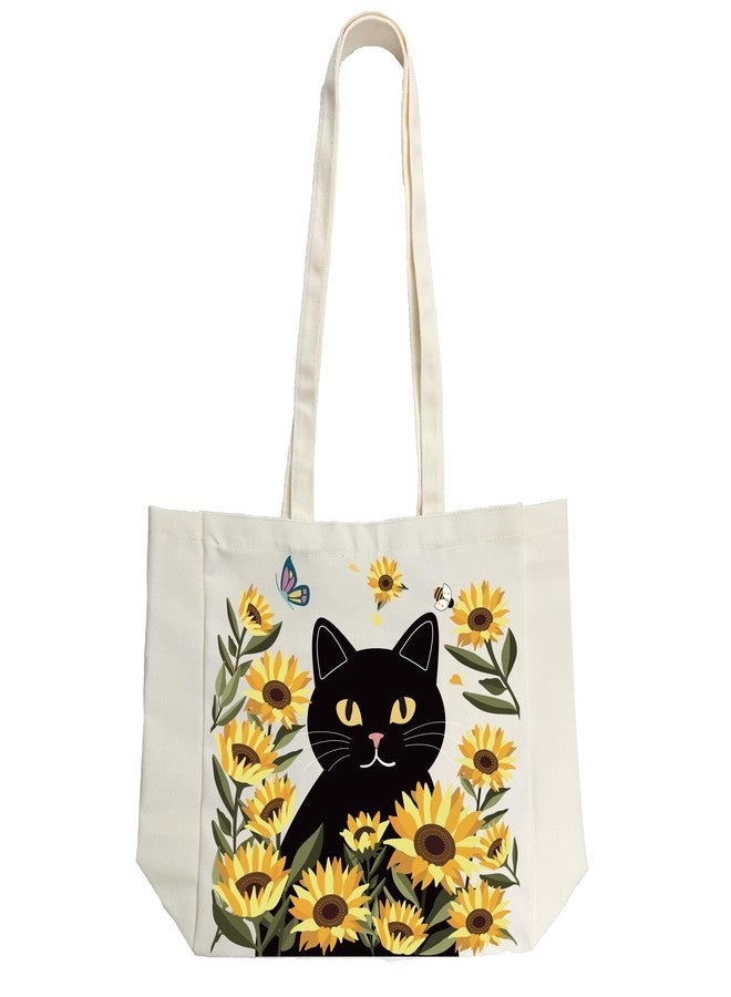 SUNWISHA Aesthetic Canvas Tote Bag for Women - with Zipper Pocket, Anti-Loss Design, Sturdy Shoulder Bag for Lady, Casual Vacation, Shopping, Work, Gym Black Cat, Sunflower - Image 1